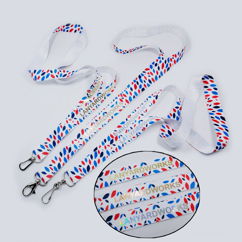 gold metallic foil printed logo stamped over the dye-sublimation lanyards