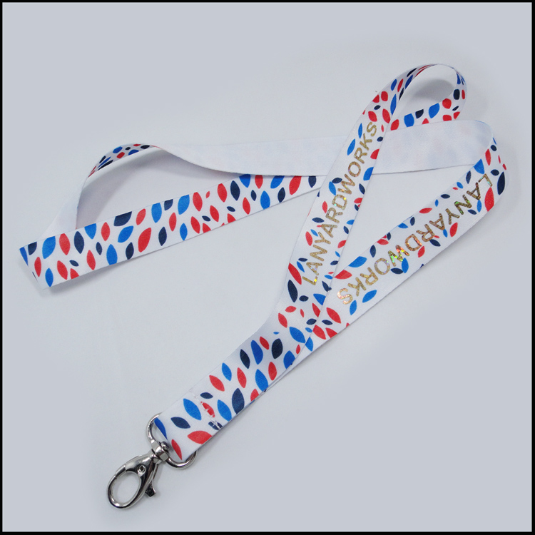gold metallic foil printed logo stamped over the dye-sublimation lanyards